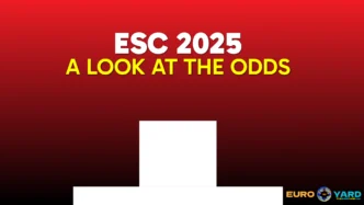 A look at the Eurovision 2025 odds - main article graphic - partial Swiss flag cross on a red gradient background