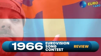 1966 Eurovision Song Contest review and re-rankings - a man in a hat pointing to the Swedish flag while the Austrian flag is overlayed on the screen