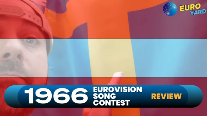 1966 Eurovision Song Contest review and re-rankings - a man in a hat pointing to the Swedish flag while the Austrian flag is overlayed on the screen