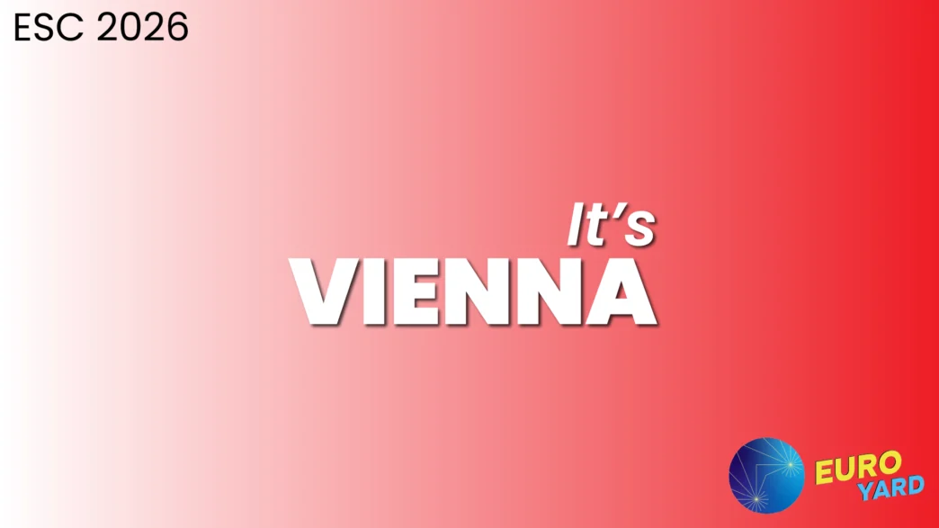 Vienna Hosting Eurovision 2026 - red and white background representing the Austrian flag colors