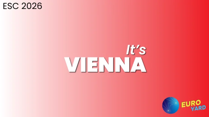 Vienna Hosting Eurovision 2026 - red and white background representing the Austrian flag colors
