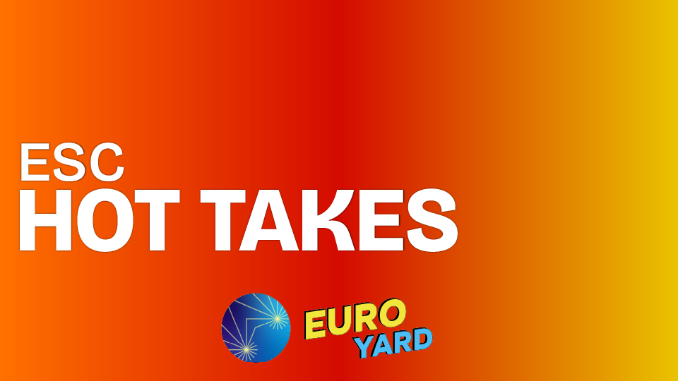 ESC Hot Takes by the Euro Yard - an orange gradient background with the Euro Yard starburst logo, with Euro in yellow and Yard in blue