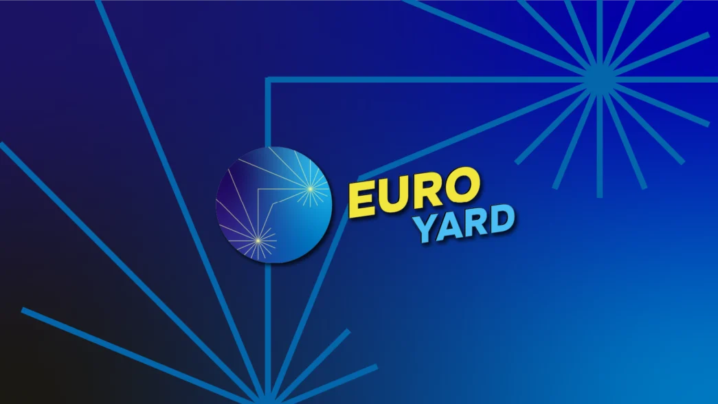 Euro Yard logo superimposed on a blue background of varying shades - starburst art in both the logo and the background