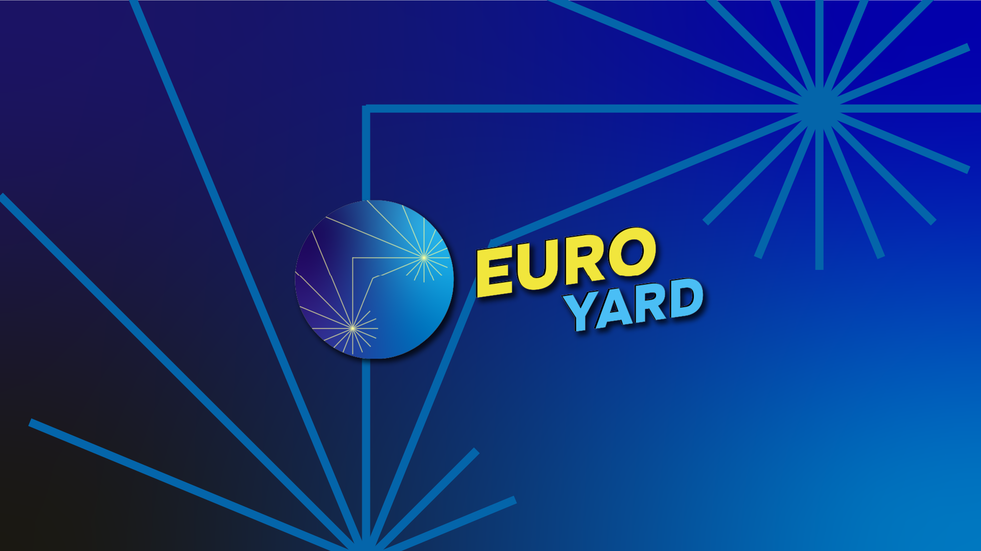Euro Yard logo superimposed on a blue background of varying shades - starburst art in both the logo and the background