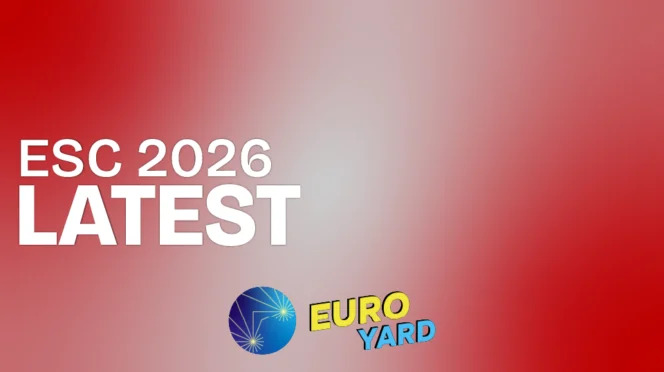 ESC 2026 latest by the Euro Yard - a red and white gradient background, representative of the flag of Austria, with the Euro Yard starburst logo, with Euro in yellow and Yard in blue
