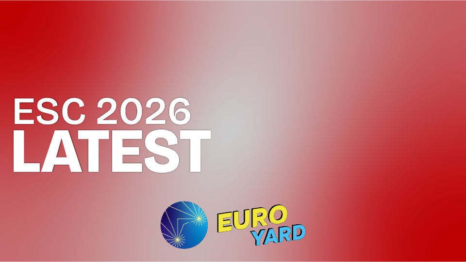 ESC 2026 latest by the Euro Yard - a red and white gradient background, representative of the flag of Austria, with the Euro Yard starburst logo, with Euro in yellow and Yard in blue
