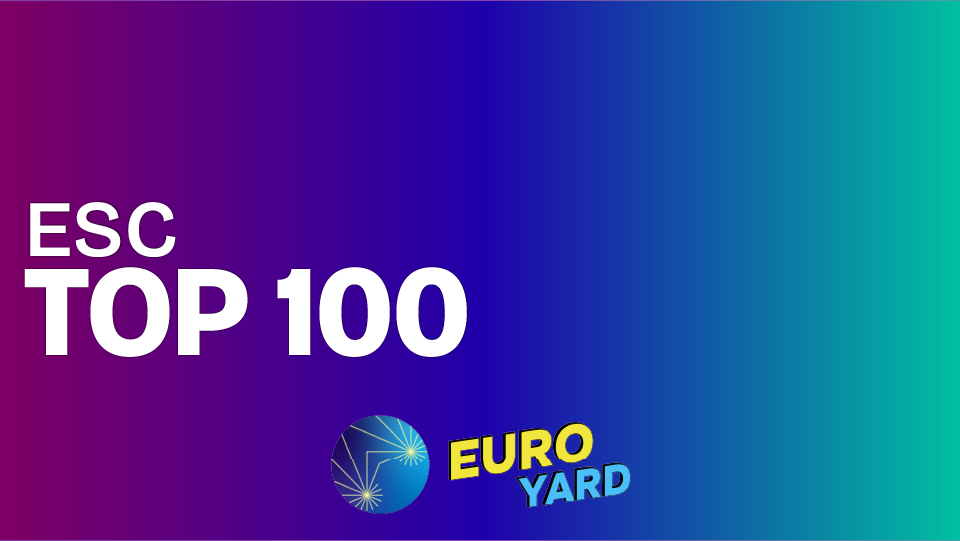 ESC Top 100 rankings by the Euro Yard - a purple, blue, and teal gradient background with the Euro Yard starburst logo, with Euro in yellow and Yard in blue